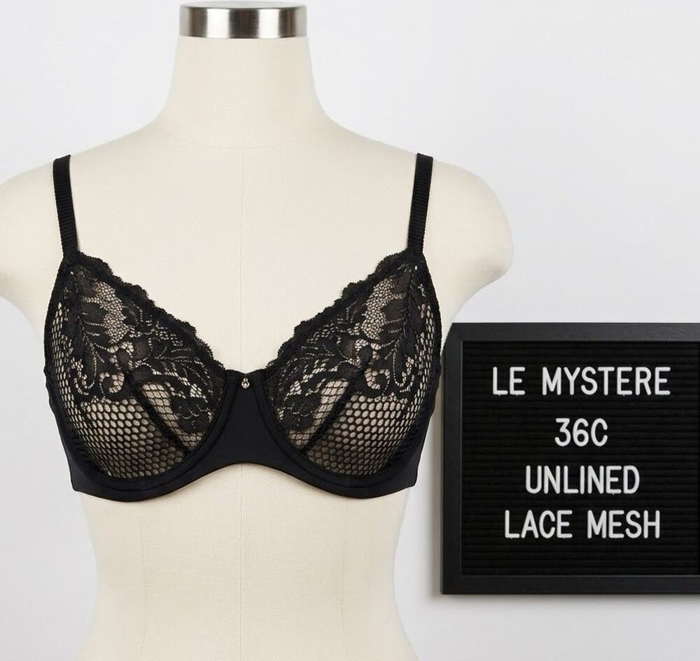 Le Mystere 36C Unlined Lace Mesh Underwire Bra Black Sheer Plunge Lingerie